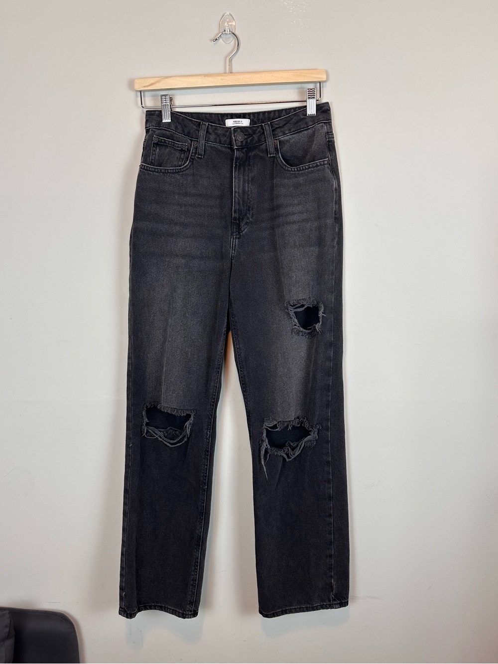 Forever 21 Premium Distressed Black High Rise Straight Leg Jeans